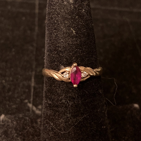 10kt gold Simulated Ruby and diamond ring
